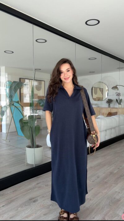 Navy Blue Polo Collar Pocket Brand Model Dress