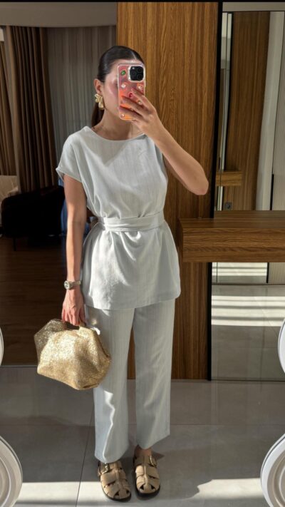 Lipa Blue Shoulder Detail Belted Set