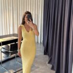 Yellow V Neck Textured Dress
