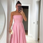 Pink Strapless Pleated Long Dress