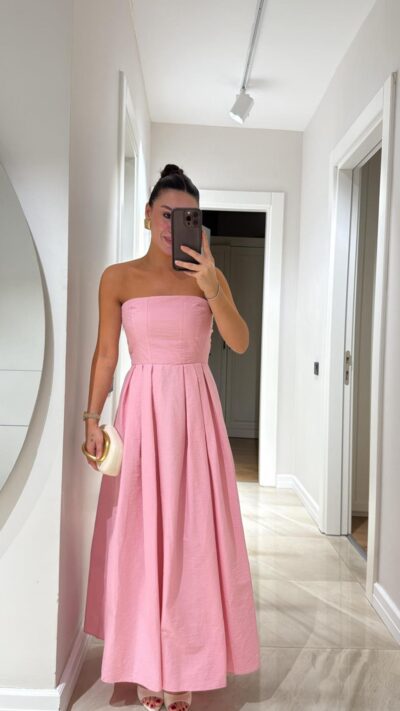 Pink Strapless Pleated Long Dress