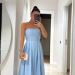 Blue Strapless Pleated Detailed Long Dress