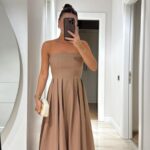 Brown Strapless Pleated Long Dress
