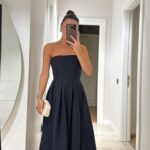 Black Strapless Pleated Long Dress