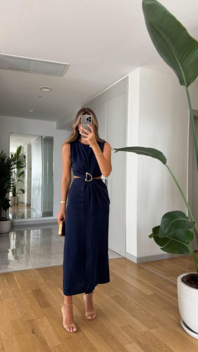 Mila Waist Buckled and Neckline Dress - Navy Blue
