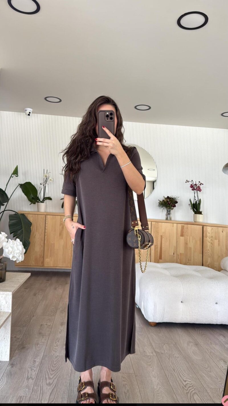 Bitter Brown Polo Collar Pocket Brand Model Dress