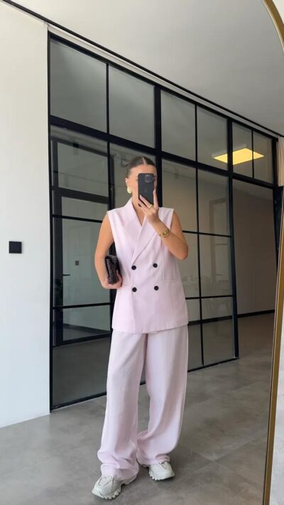 CANDY PINK LONG VEST TROUSERS SET