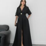 BLACK GOLD ACCESSORISED RAW LINEN DRESS