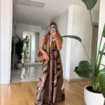 Halter Collar Patterned Khaki Dress