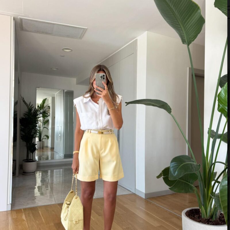 Rina Pile Detailed City Length Shorts -Yellow