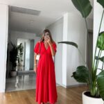 Back Detailed Balloon Sleeve Pomegranate Flower Dress