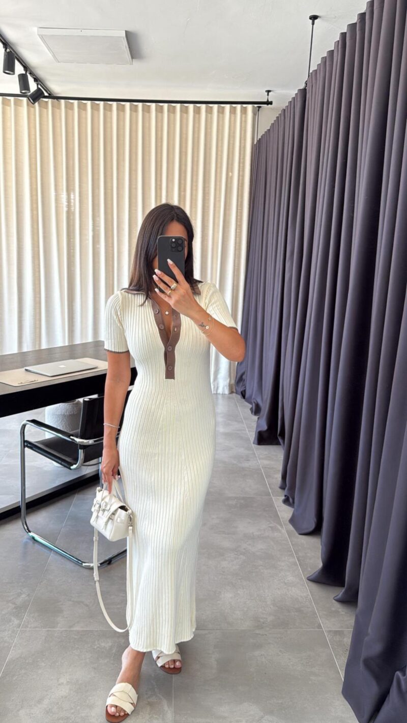 Cream Brown Polo Collar Knitwear Dress