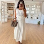 Around Crew Neck Cross Front Detailed Linen Dress