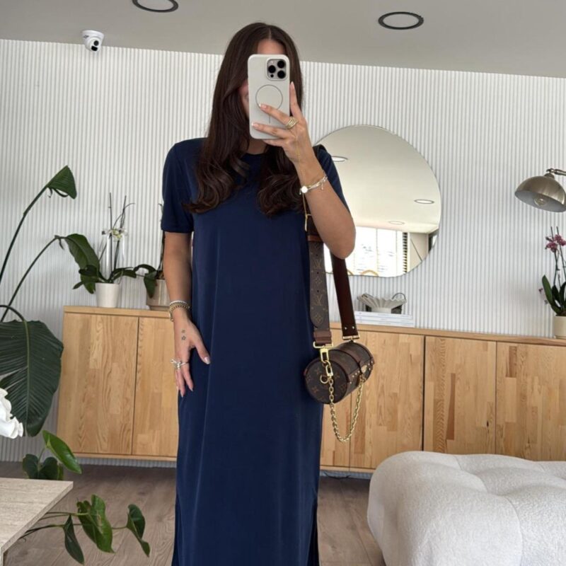 Navy Blue Crew Neck Side Slit Basic Dress