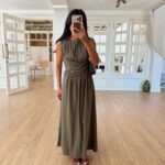 Around Crew Neck Cross Front Detailed Linen Dress