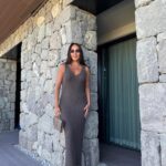 Brown V Neck Long Knitted Dress