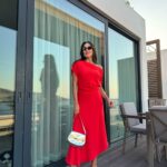 Red Shoulder Draped Dress