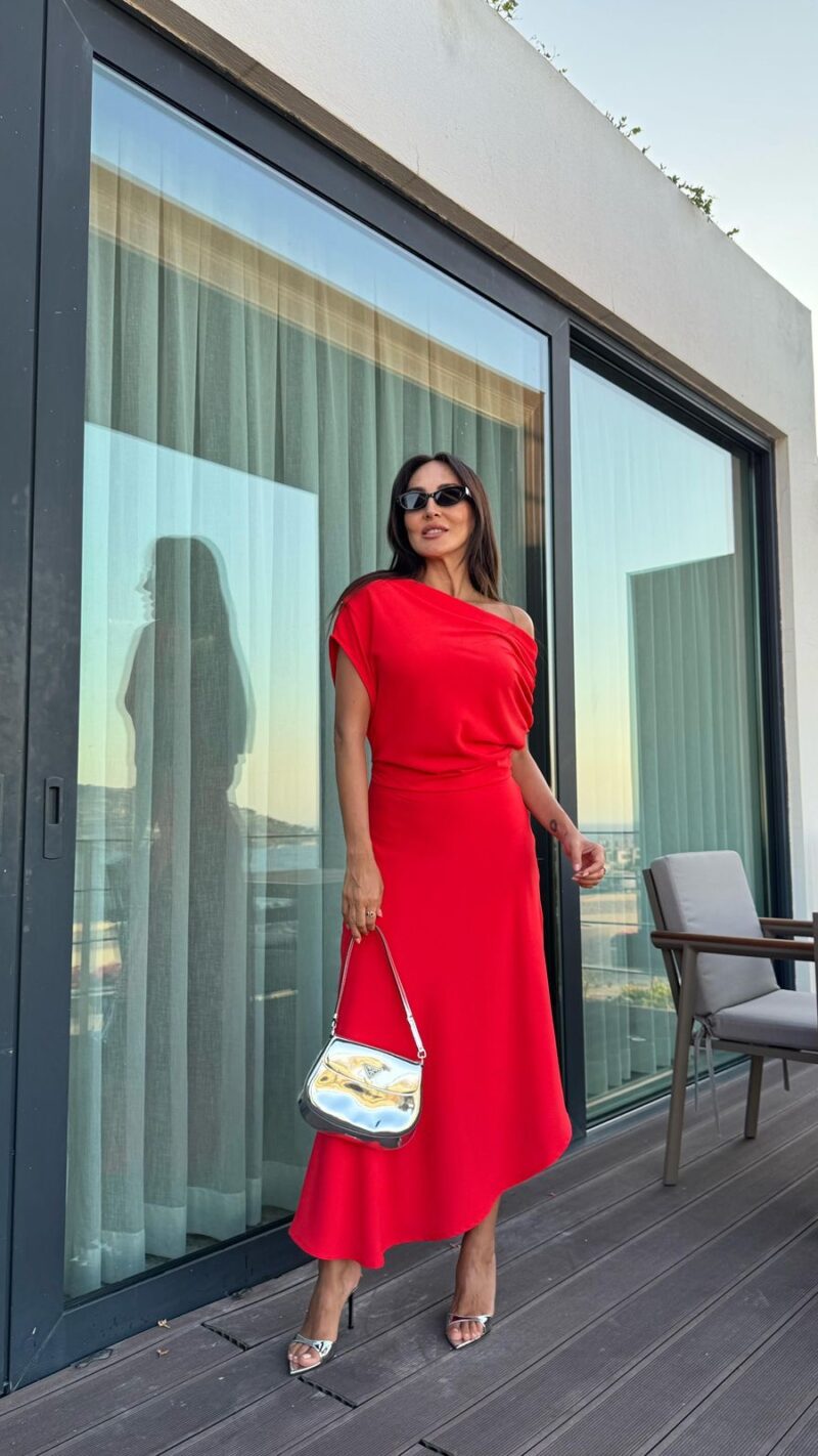 Red Shoulder Draped Dress