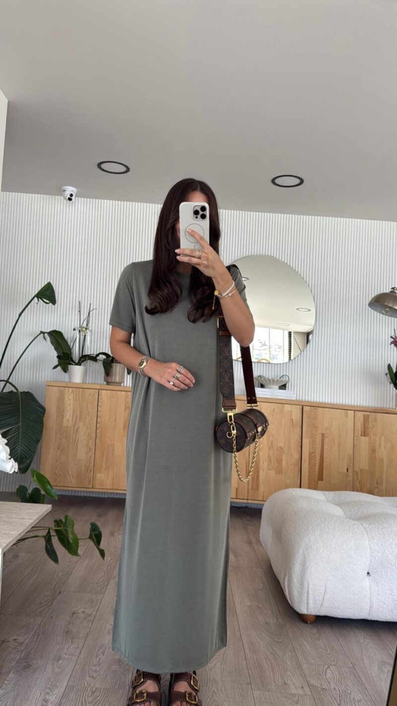 Khaki Crew Neck Side Slit Basic Dress