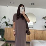 Brown Crew Neck Side Slit Basic Dress