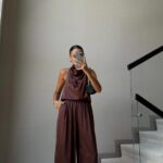 BROWN WINKLE SATIN BLOUSE TROUSERS SET