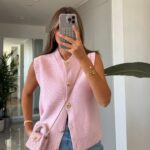 Gold Buttoned Knitwear Vest - Powder