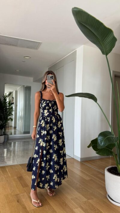 Navy Blue Lemon Printed Dress