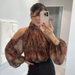 PATTERNED CHIFFON SHOULDER DECOLLETE BLOUSE