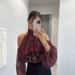 PATTERNED CHIFFON SHOULDER DECOLLETE BLOUSE