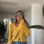 Pearl Buttoned Openwork Knitwear - Yellow