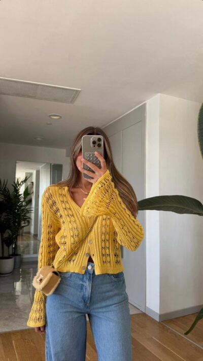 Pearl Buttoned Openwork Knitwear - Yellow