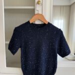 Navy Blue Glitter Short Sleeve Knitwear Blouse