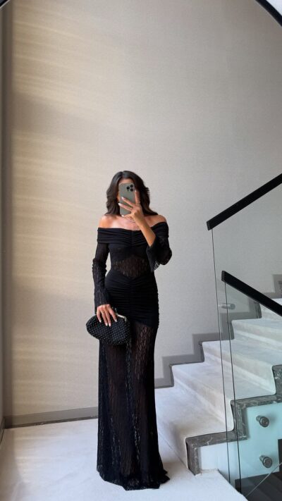 BLACK LACE DETAILED MADONNA COLLAR DRESS