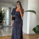 Emily Navy Blue Floral Detailed Midi Length Dress