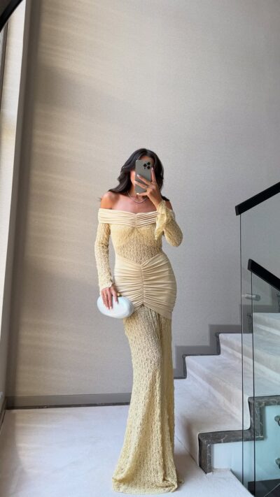 YELLOW LACE DETAILED MADONNA COLLAR DRESS