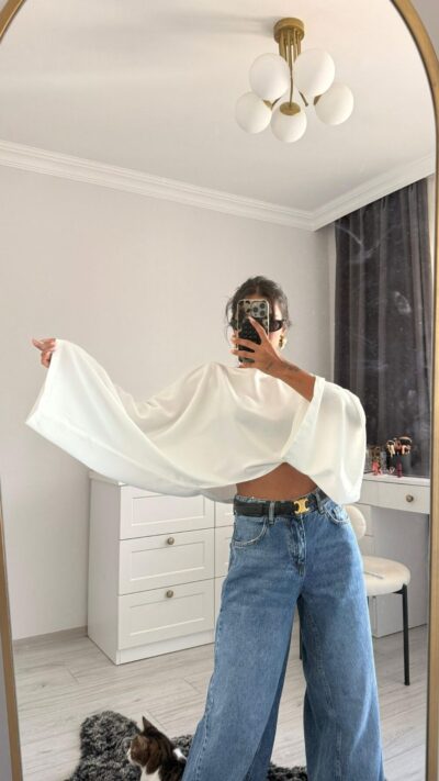 Wide Sleeve Satin Blouse White