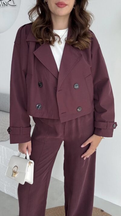 Pre-order Maya Half Double Breasted Trench Coat - Claret Red