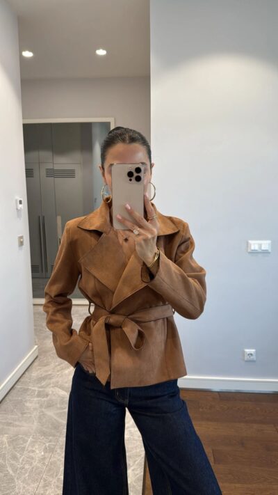 DOUBLE BELT DETAILED SUEDE JACKET