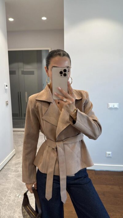 DOUBLE BELT DETAILED SUEDE JACKET