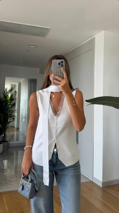 Lace Collared Scarf Vest - White