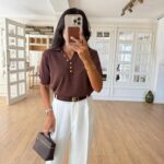 Gold Buttoned Silvery Polo Neck Knitwear Blouse