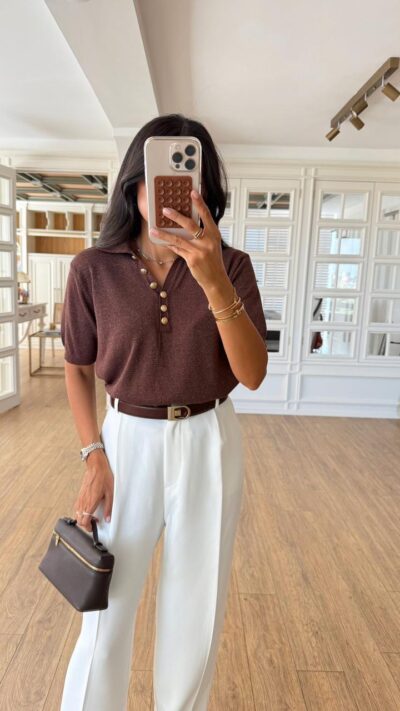 Gold Buttoned Silvery Polo Neck Knitwear Blouse