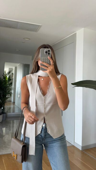 Lace Collared Scarf Vest - Stone