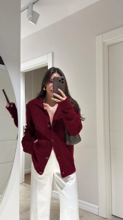 Claret Red Polo Collar Buttoned Brand Model Buklet Cardigan