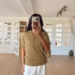 Gold Buttoned Silvery Polo Neck Knitwear Blouse