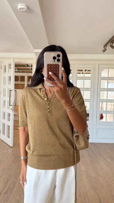 Gold Buttoned Silvery Polo Neck Knitwear Blouse