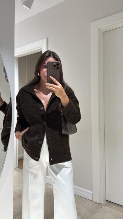 Brown Polo Collar Buttoned Brand Model Buklet Cardigan