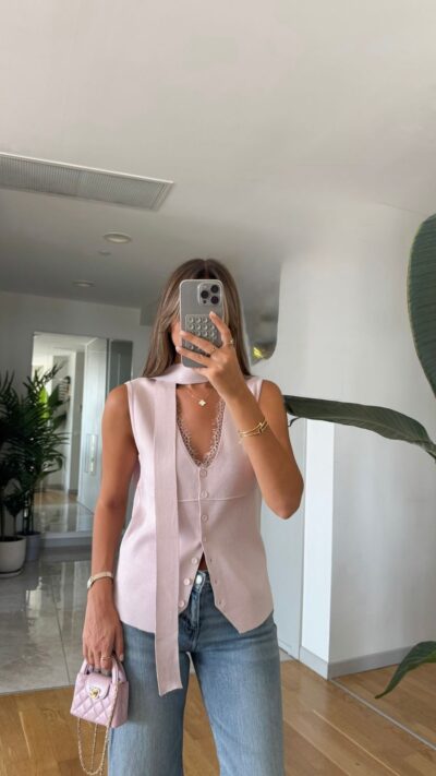 Lace Collared Scarf Vest - Powder