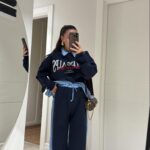 Navy Blue Line Detailed Waist Elastic Trousers set