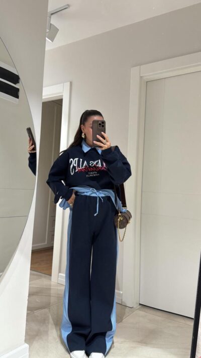 Navy Blue Line Detailed Waist Elastic Trousers set